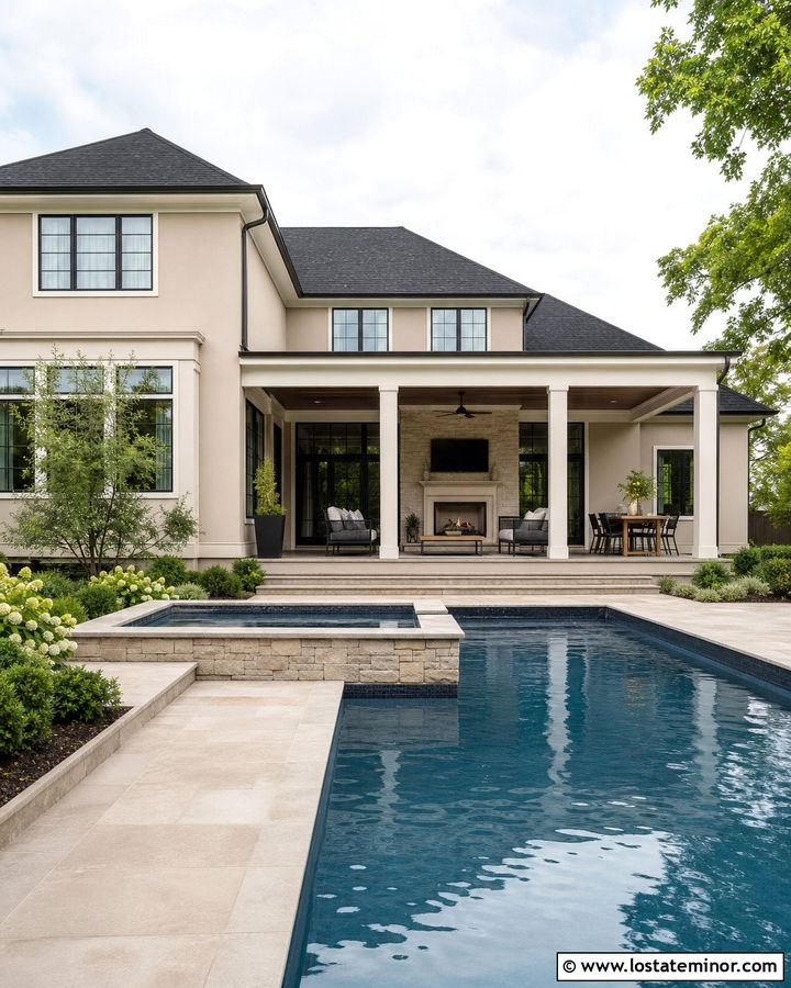 Beige Transitional House With Pool And Spa - 30 Beige House Design With Swimming Pool Ideas