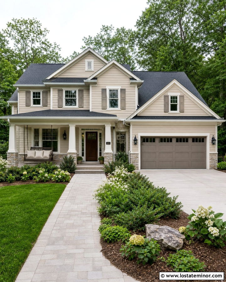 Beige Transitional House With Taupe Swing - 30 Beige House Design With Swing Ideas