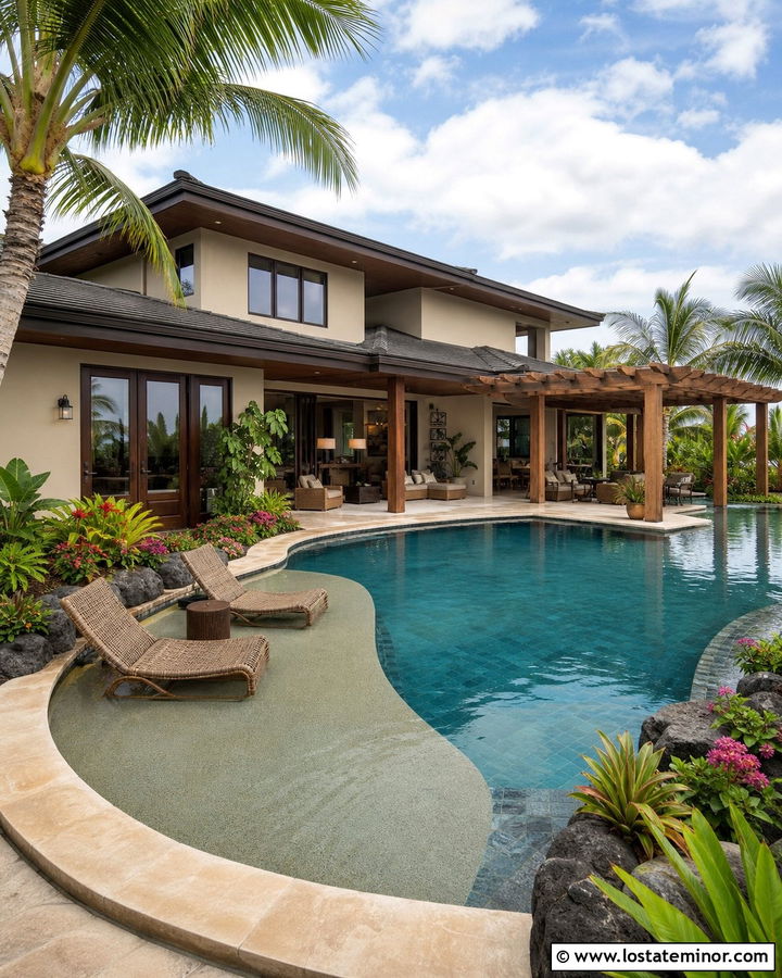 Beige Tropical House With Resort Pool - 30 Beige House Design With Swimming Pool Ideas