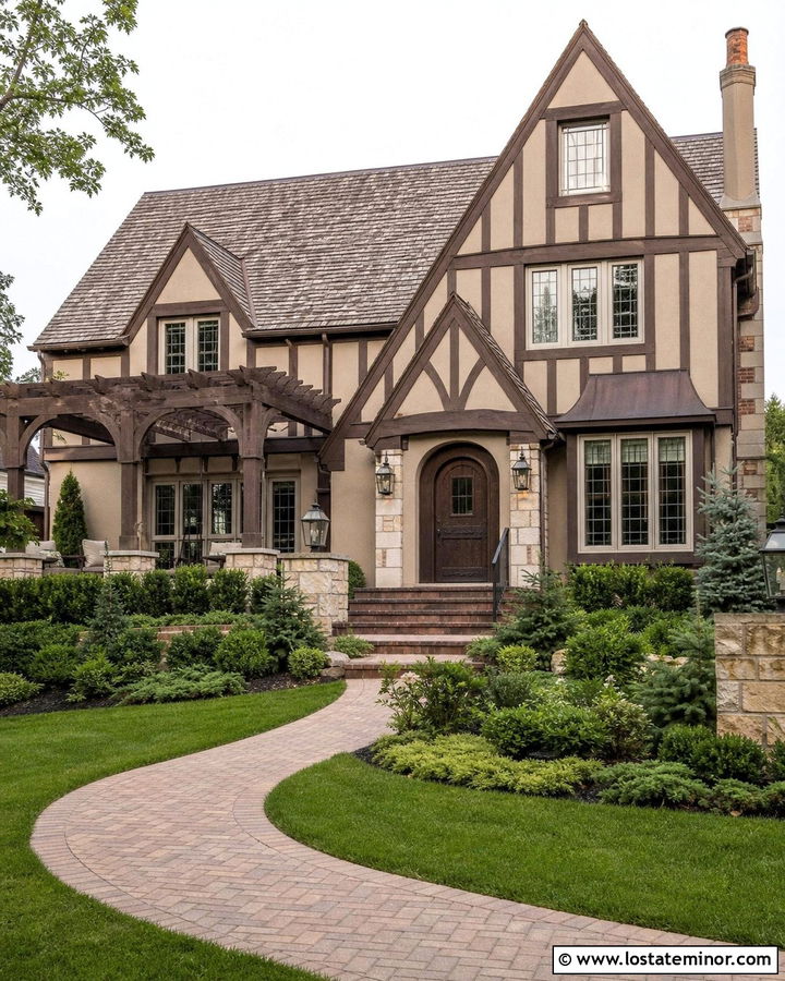 Beige Tudor House With Arched Pergola - 30 Beige House Design With Pergola Ideas