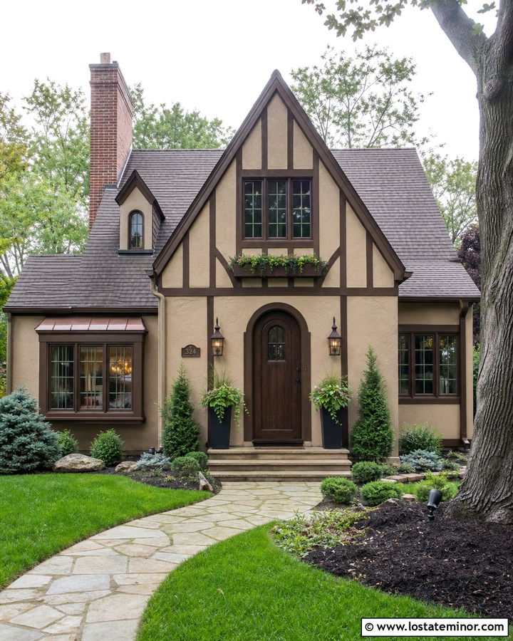 Beige Tudor House With Bronze Leaded Glass Lights - 30 Beige House Design With Light Fixtures Ideas