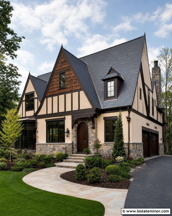 Beige Tudor House With Cedar Shake Gables - 30 Beige House Design With Cedar Shake Ideas