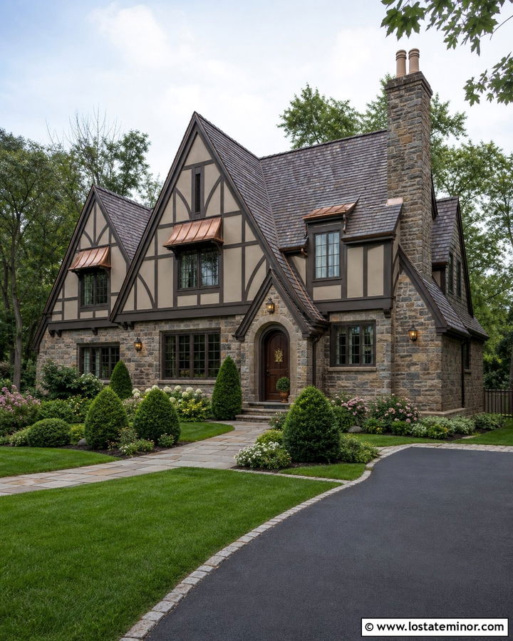 Beige Tudor House With Copper Awnings - 30 Beige House Design With Awning Ideas