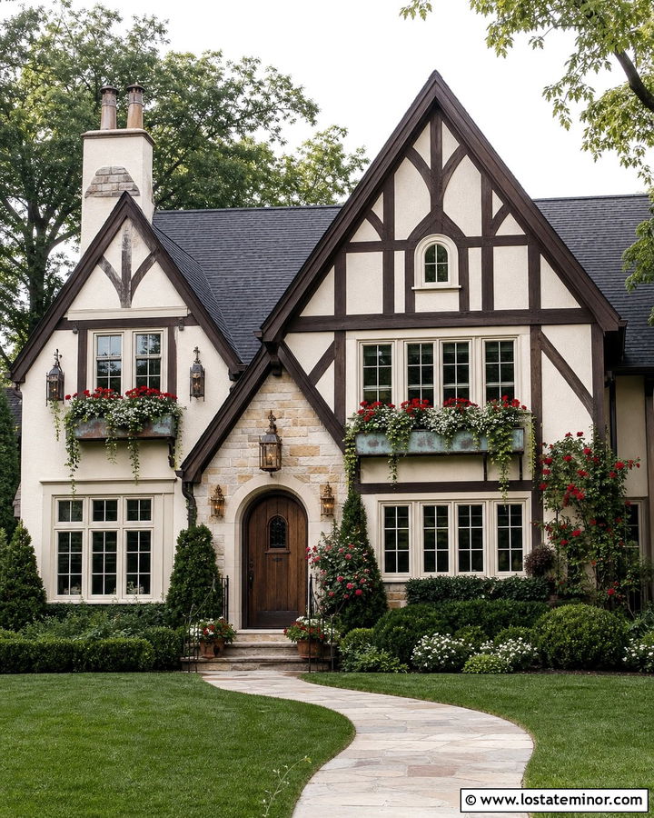 Beige Tudor House With Copper Window Boxes - 30 Beige House Design With Window Boxes Ideas