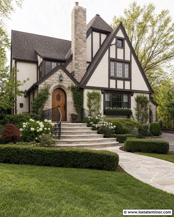 Beige Tudor House With Curved Stone Steps - 30 Beige House Design With Steps Ideas