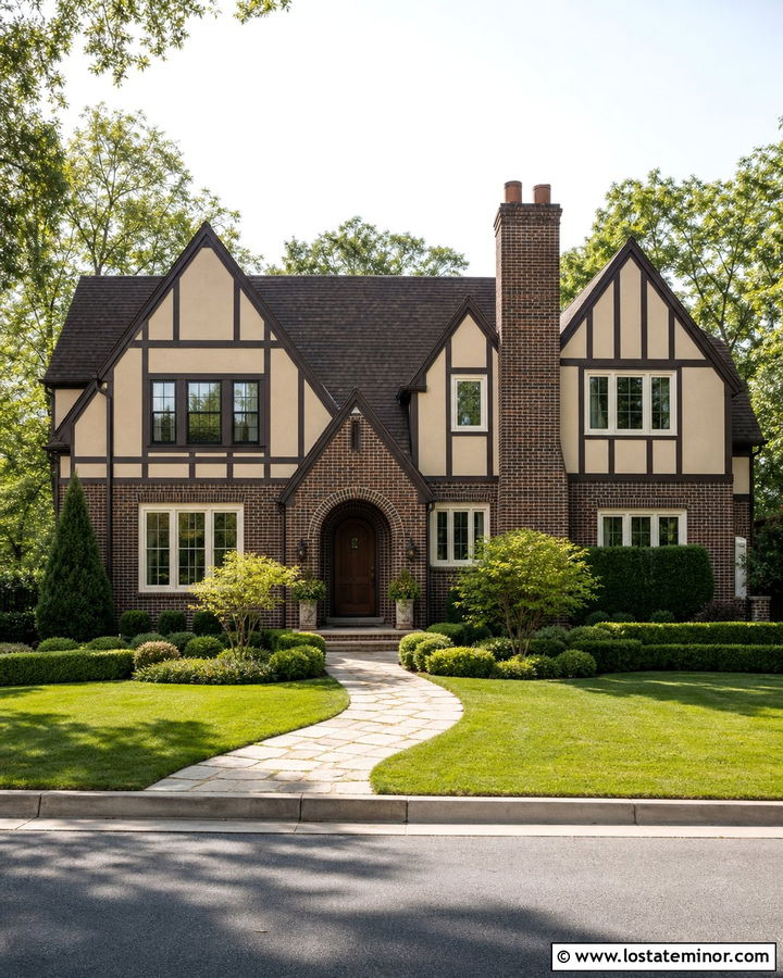 Beige Tudor House With Dark Brick Accents - 30 Beige House Design With Brick Accents Ideas