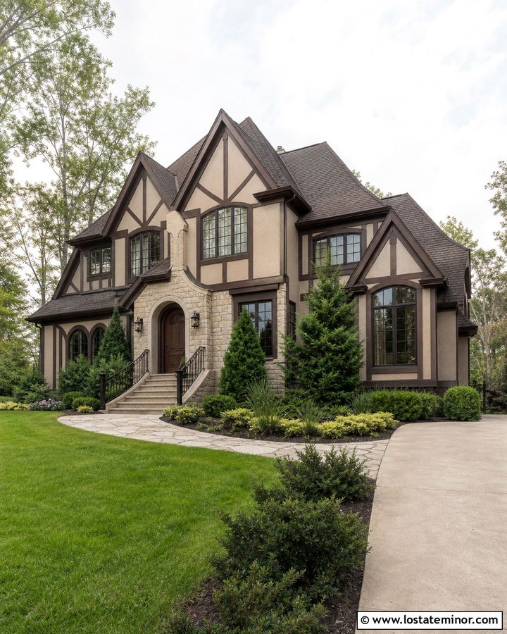 Beige Tudor House With Dark Bronze Railings - 30 Beige House Design With Railings Ideas