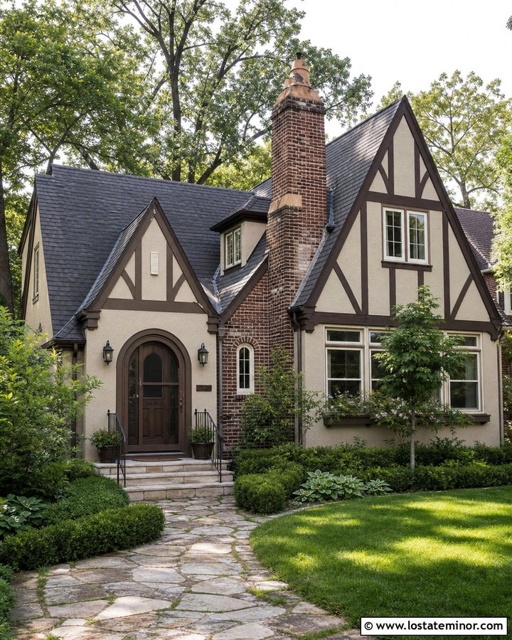 Beige Tudor House With Dark Brown Screen Door - 30 Beige House Design With Screen Door Ideas