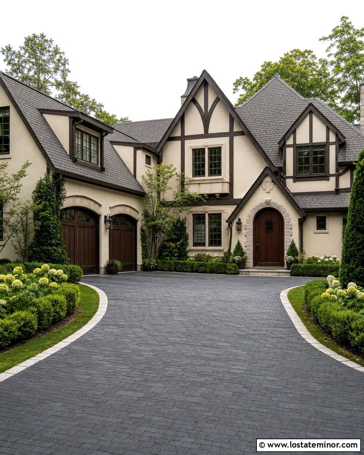Beige Tudor House With Dark Paver Driveway - 30 Beige House Design With Driveway Ideas