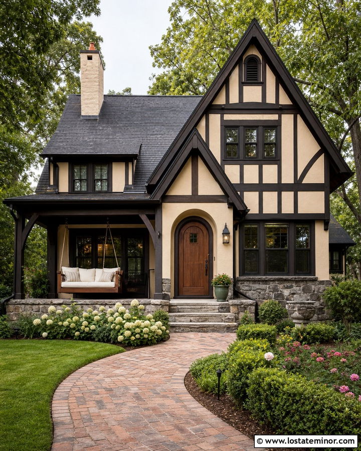 Beige Tudor House With Dark Wood Swing - 30 Beige House Design With Swing Ideas