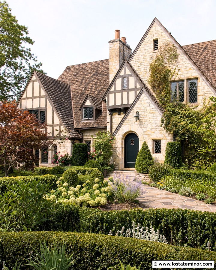 Beige Tudor House With English Garden - 30 Beige House Design With Front Yard Ideas