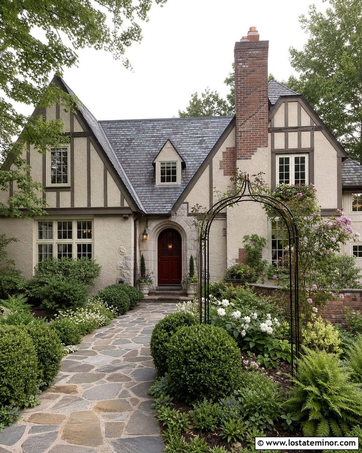 Beige Tudor House With Fieldstone Walkway - 30 Beige House Design With Walkway Ideas