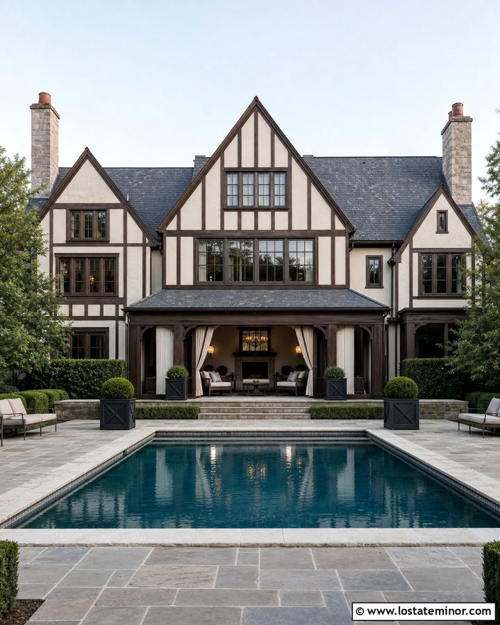 Beige Tudor House With Formal Pool - 30 Beige House Design With Swimming Pool Ideas