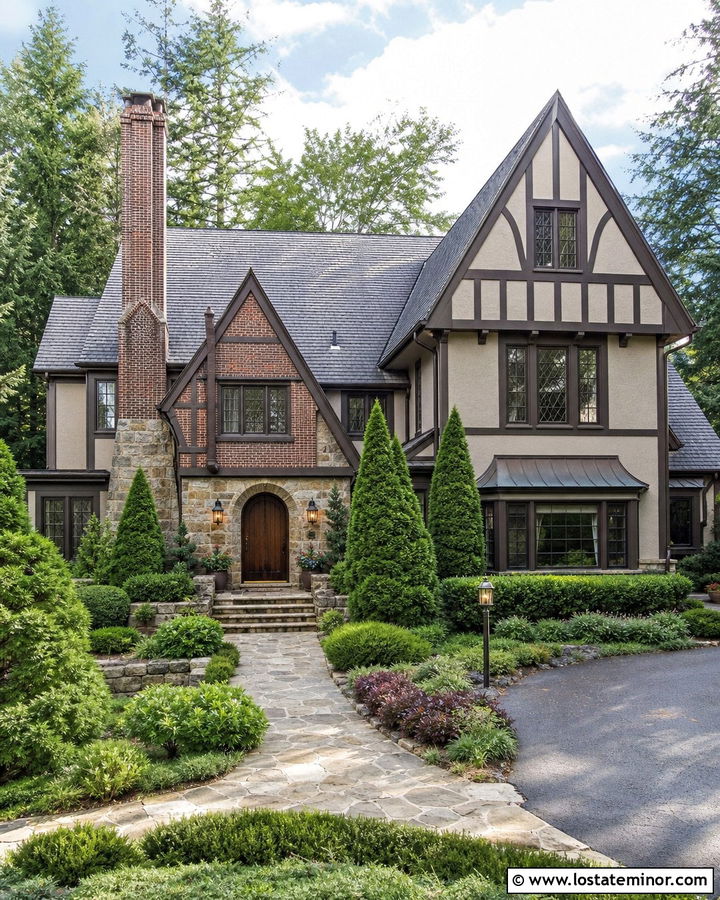 Beige Tudor House With Leaded Glass Lanterns - 30 Beige House Design With Lighting Ideas