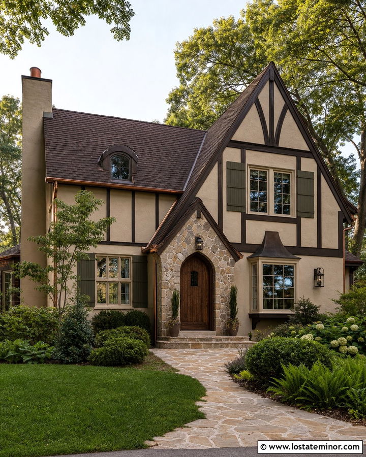 Beige Tudor House With Olive Shutters - 30 Beige House Design With Shutters Ideas