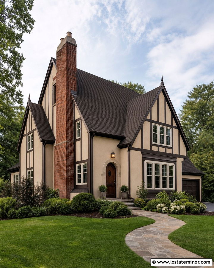 Beige Tudor House With Tall Brick Chimney - 30 Beige House Design With Chimney Ideas