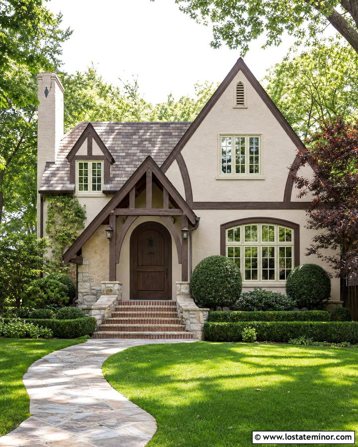 Beige Tudor House With Timber Front Porch - 30 Beige House Design With Front Porch Ideas