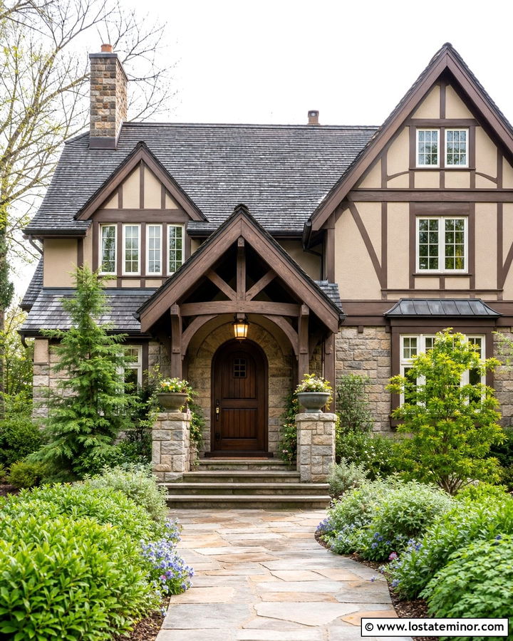 Beige Tudor House With Timber Portico - 30 Beige House Design With Portico Ideas