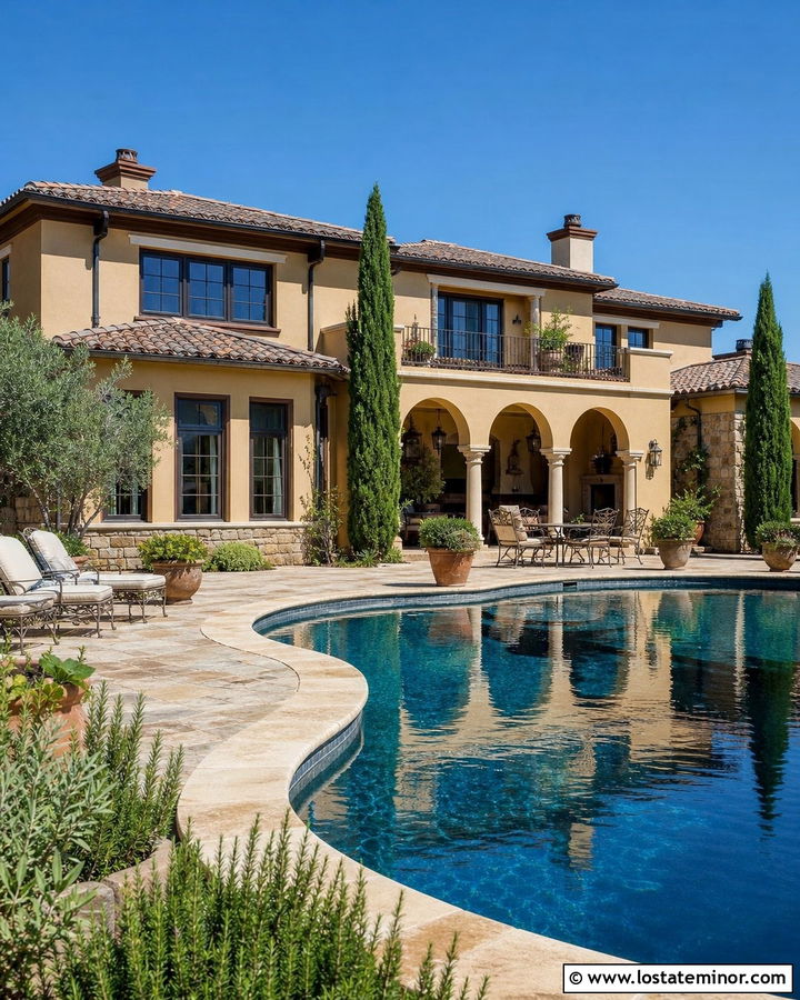Beige Tuscan House With Curved Pool - 30 Beige House Design With Swimming Pool Ideas