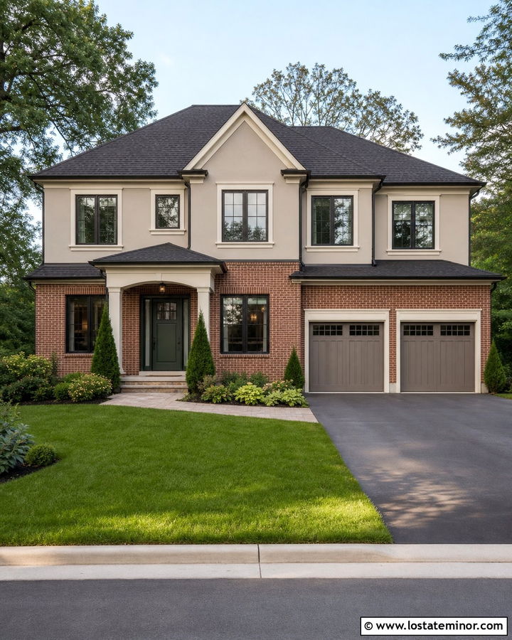 Beige Two Story House With Brick First Floor - 30 Beige House Design With Brick Accents Ideas