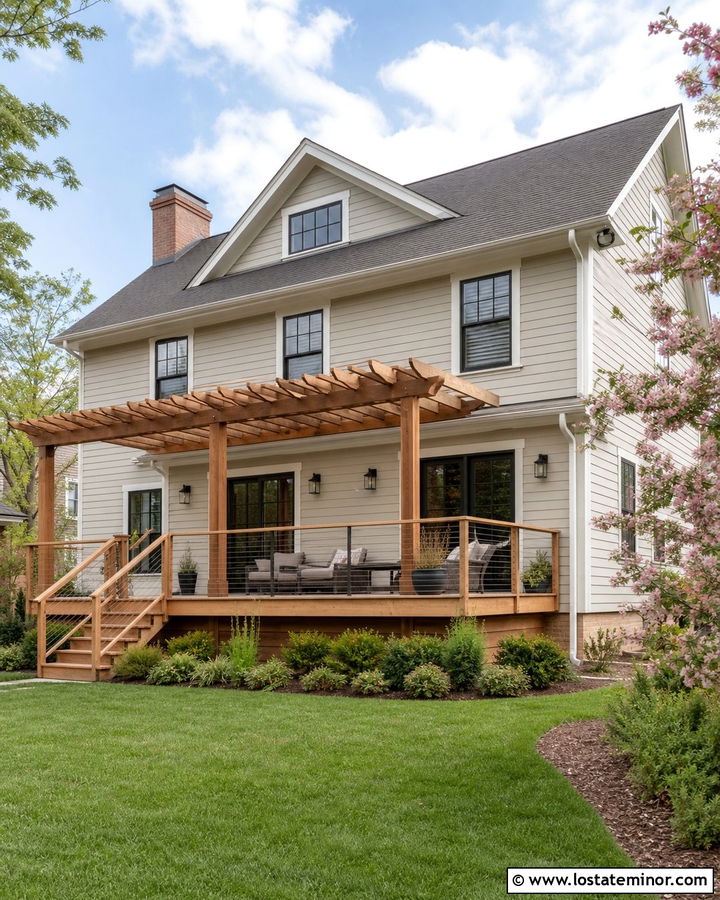 Beige Two Story House With Deck Pergola - 30 Beige House Design With Pergola Ideas
