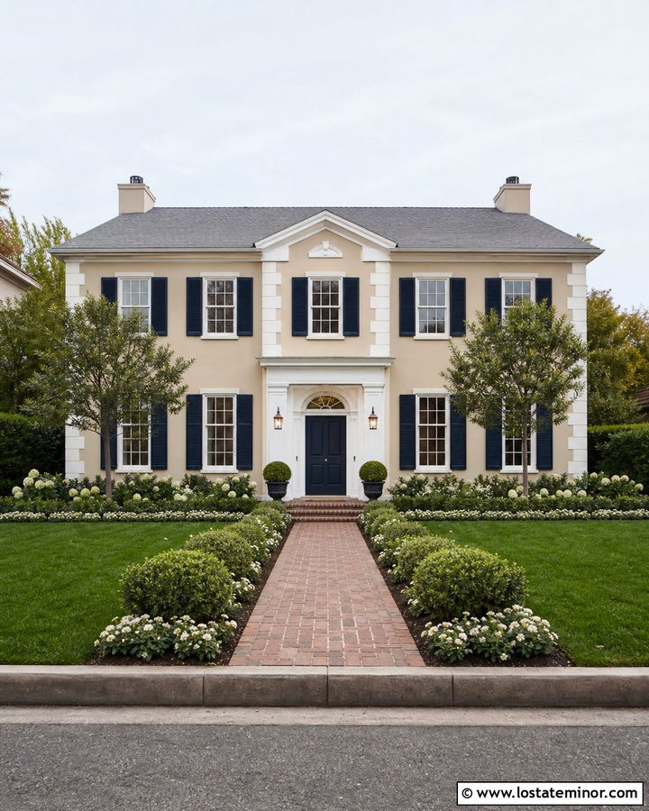 Beige Two Story House With Ornamental Trees - 30 Beige House Design With Front Yard Ideas