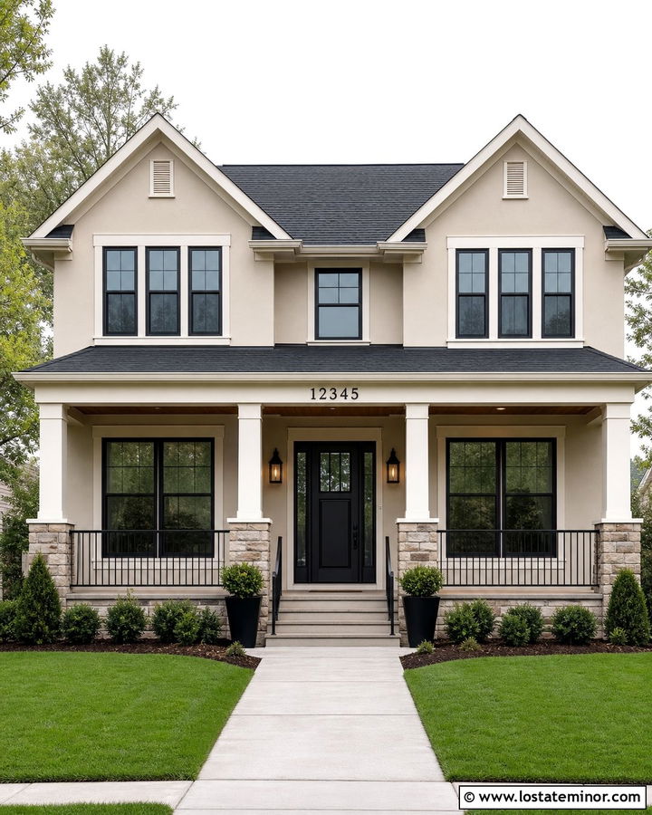 Beige Two Story House With Porch Roof Numbers - 30 Beige House Design With House Numbers Ideas