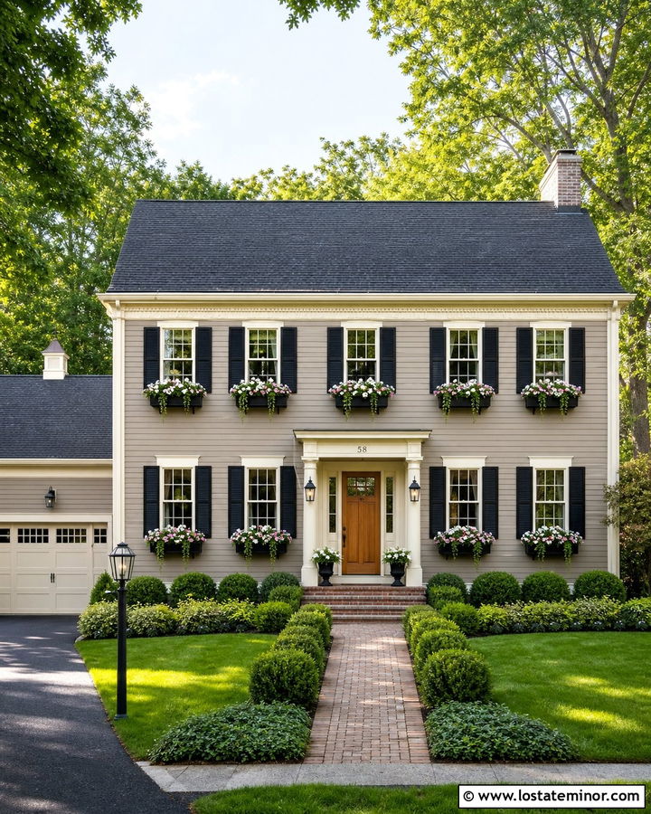 Beige Two Story House With Window Boxes - 30 Beige House Design With Window Boxes Ideas