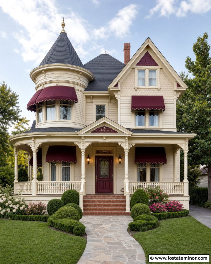 Beige Victorian House With Burgundy Awnings - 30 Beige House Design With Awning Ideas