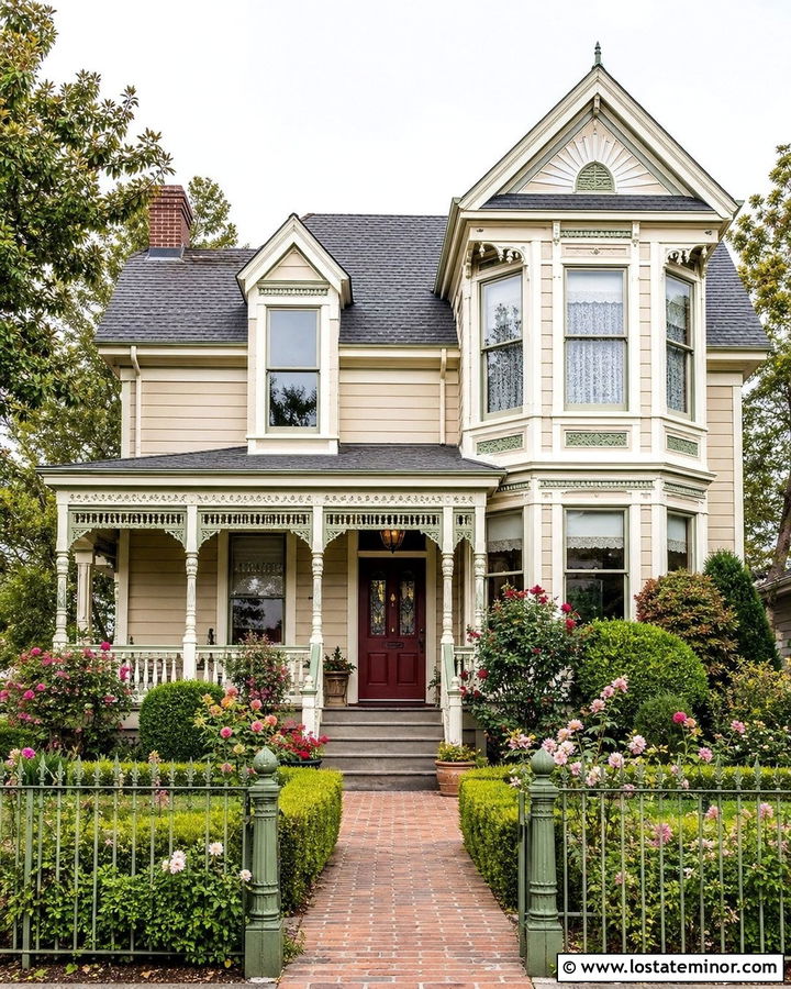 Beige Victorian House With Colorful Garden - 30 Beige House Design With Front Yard Ideas