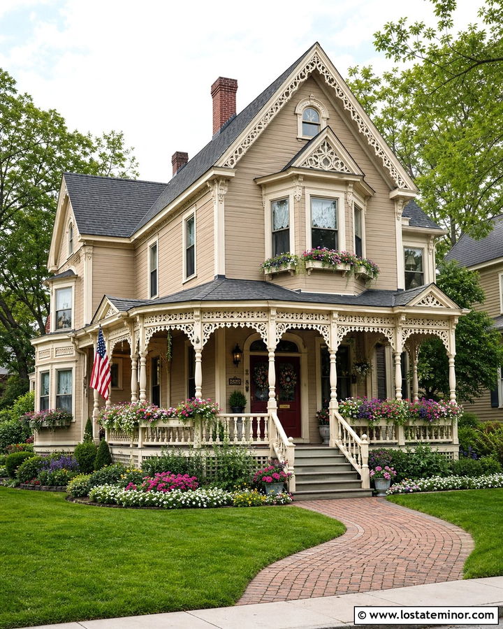 Beige Victorian House With Cream Window Boxes - 30 Beige House Design With Window Boxes Ideas