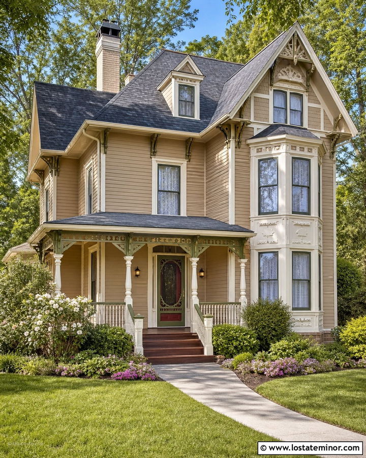 Beige Victorian House With Decorative Screen Door - 30 Beige House Design With Screen Door Ideas