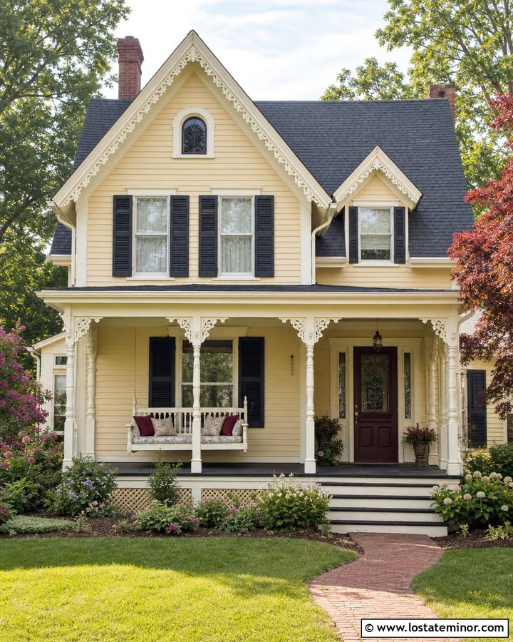 Beige Victorian House With Decorative Swing - 30 Beige House Design With Swing Ideas