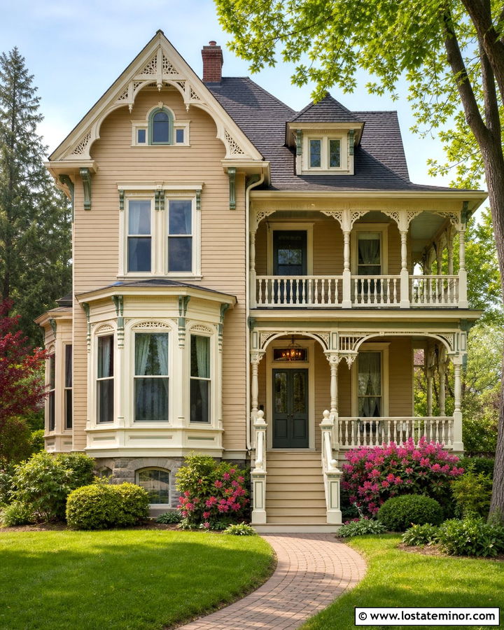 Beige Victorian House With Decorative White Railings - 30 Beige House Design With Railings Ideas