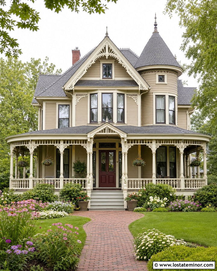 Beige Victorian House With Detailed Front Porch - 30 Beige House Design With Front Porch Ideas