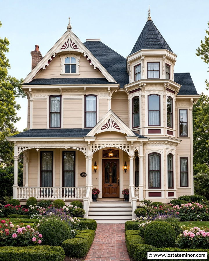 Beige Victorian House With Oval Address Plaque - 30 Beige House Design With House Numbers Ideas