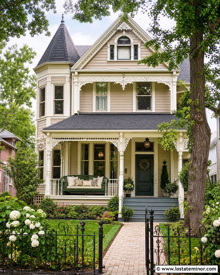 Beige Victorian House With Painted Porch Daybed - 30 Beige House Design With Daybed Ideas
