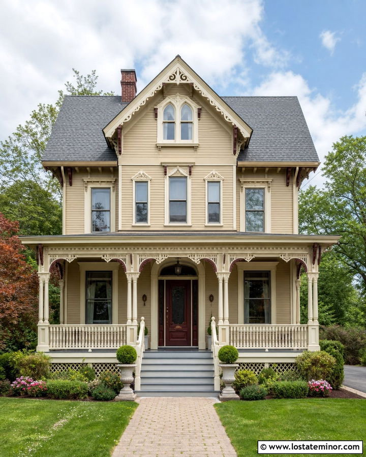 Beige Victorian House With Painted Wood Steps - 30 Beige House Design With Steps Ideas