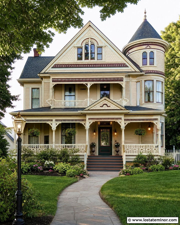 Beige Victorian House With Traditional Lanterns - 30 Beige House Design With Lighting Ideas