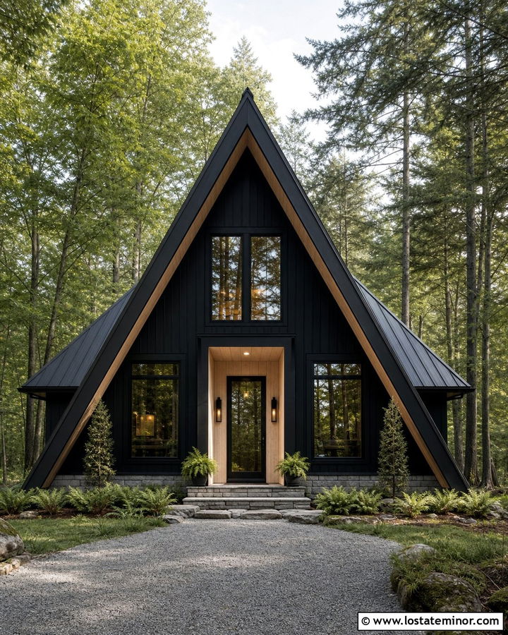 Black A Frame House With Birch Porch Ceiling - 30 Black House Design With Porch Ceiling Ideas