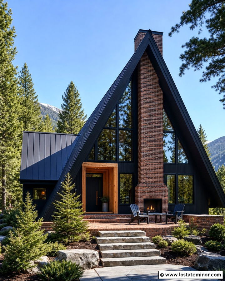 Black A Frame House With Brick Fireplace - 30 Black House Design With Brick Accents Ideas