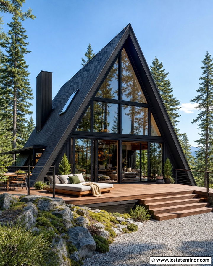 Black A Frame House With Deck Daybed - 30 Black House Design With Daybed Ideas