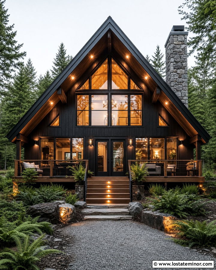 Black A Frame House With Eave Lighting - 30 Black House Design With Lighting Ideas