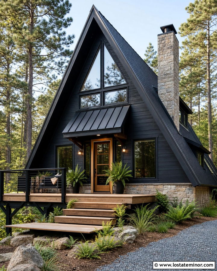Black A Frame House With Entry Awning - 30 Black House Design With Awning Ideas