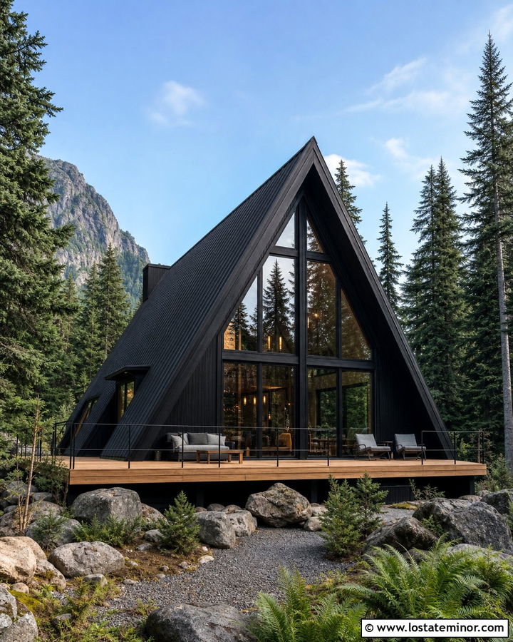 Black A Frame House With Glass Gable - 30 Black House Design With Gables Ideas