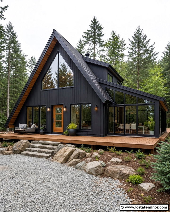 Black A Frame House With Glass Sunroom - 30 Black House Design With Sunroom Ideas