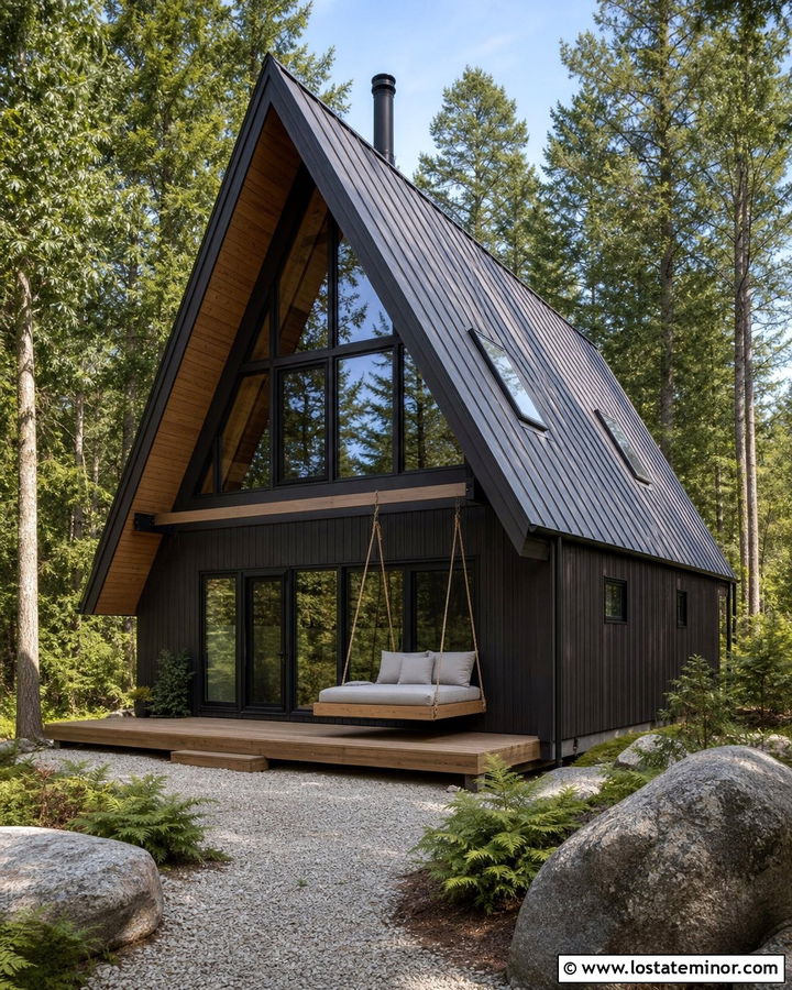 Black A Frame House With Hanging Daybed - 30 Black House Design With Swing Ideas