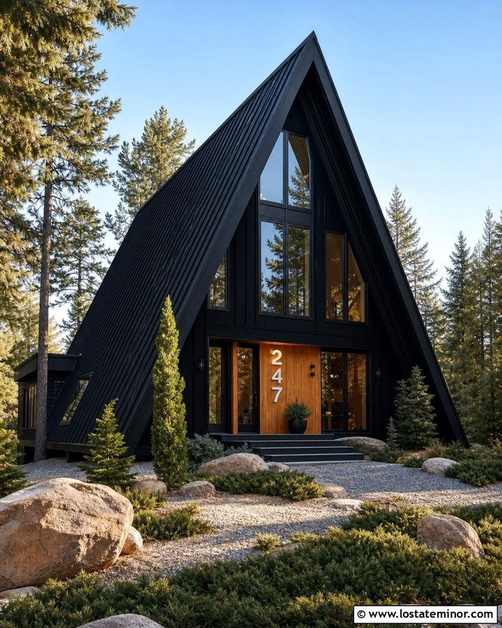 Black A Frame House With Large House Numbers - 30 Black House Design With House Numbers Ideas