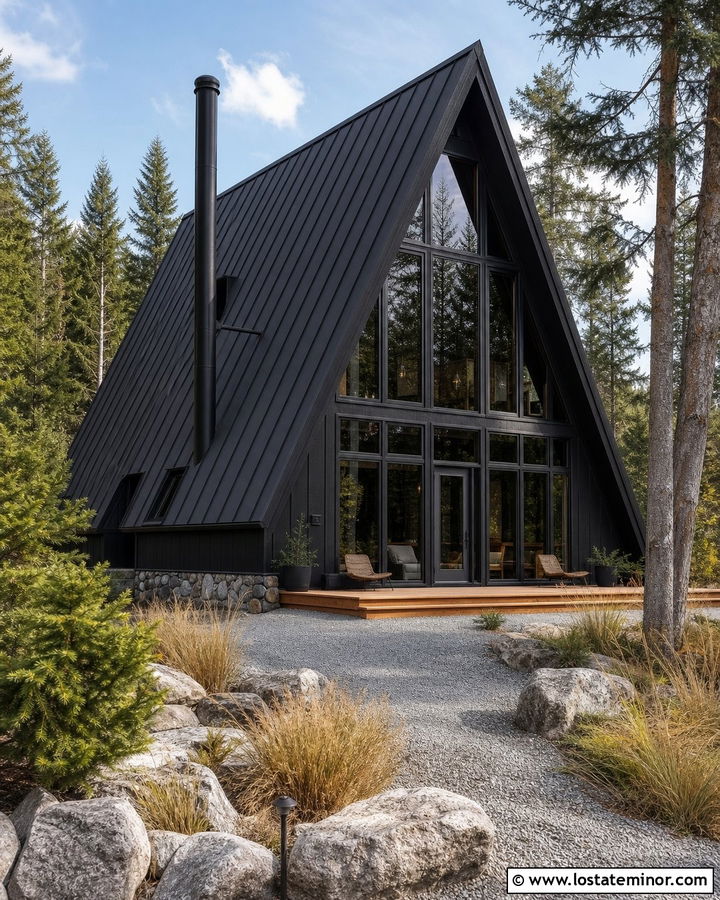 Black A Frame House With Metal Chimney - 30 Black House Design With Chimney Ideas