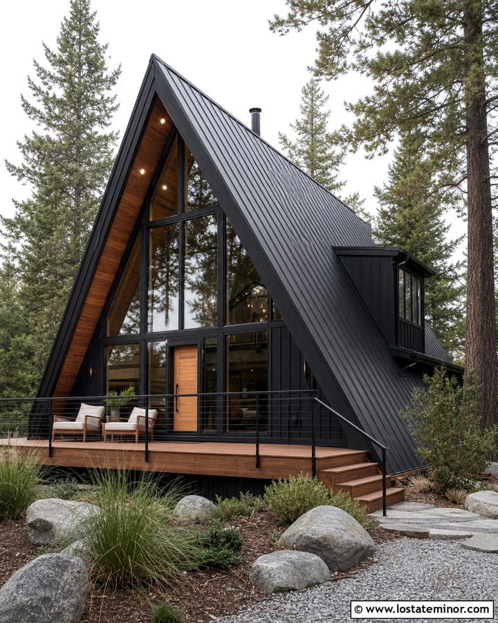 Black A Frame House With Platform Deck - 30 Black House Design With Deck Ideas